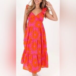 J.Marie Vibrant Pink and Orange Sunburst Dress with Pockets NWT Size Large